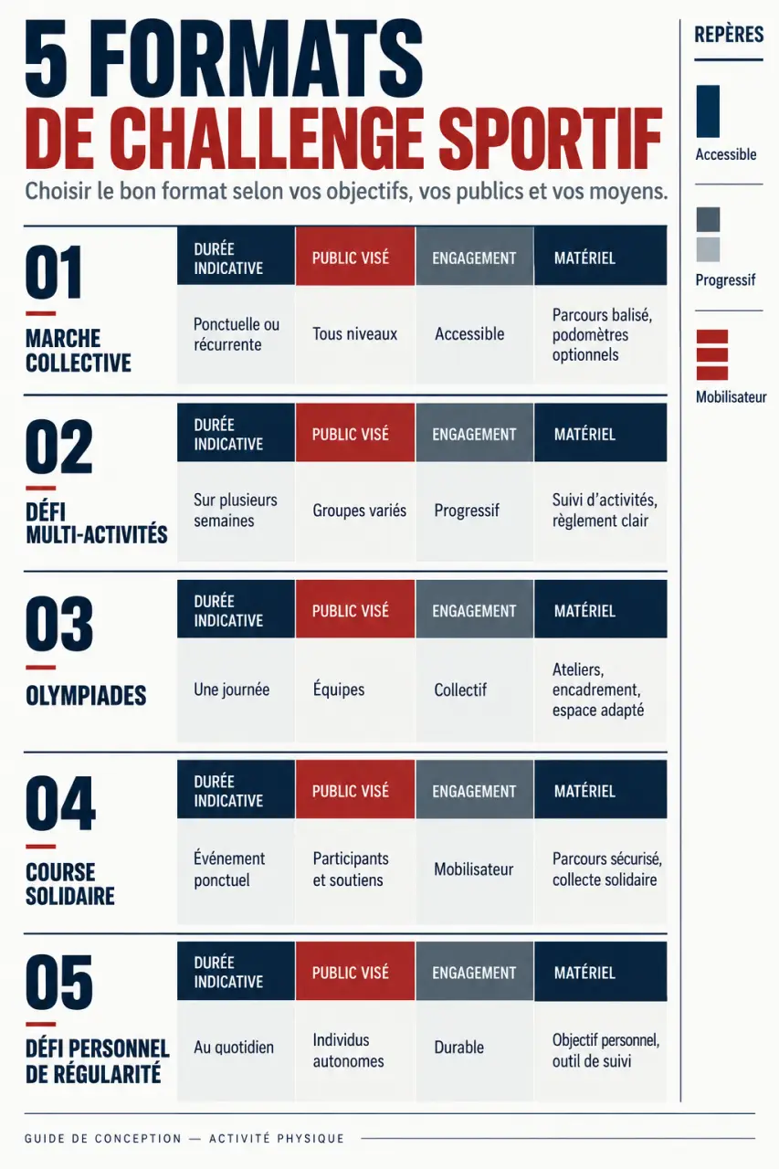 Infographie des formats de challenge sportif selon la durée, le niveau et le budget
