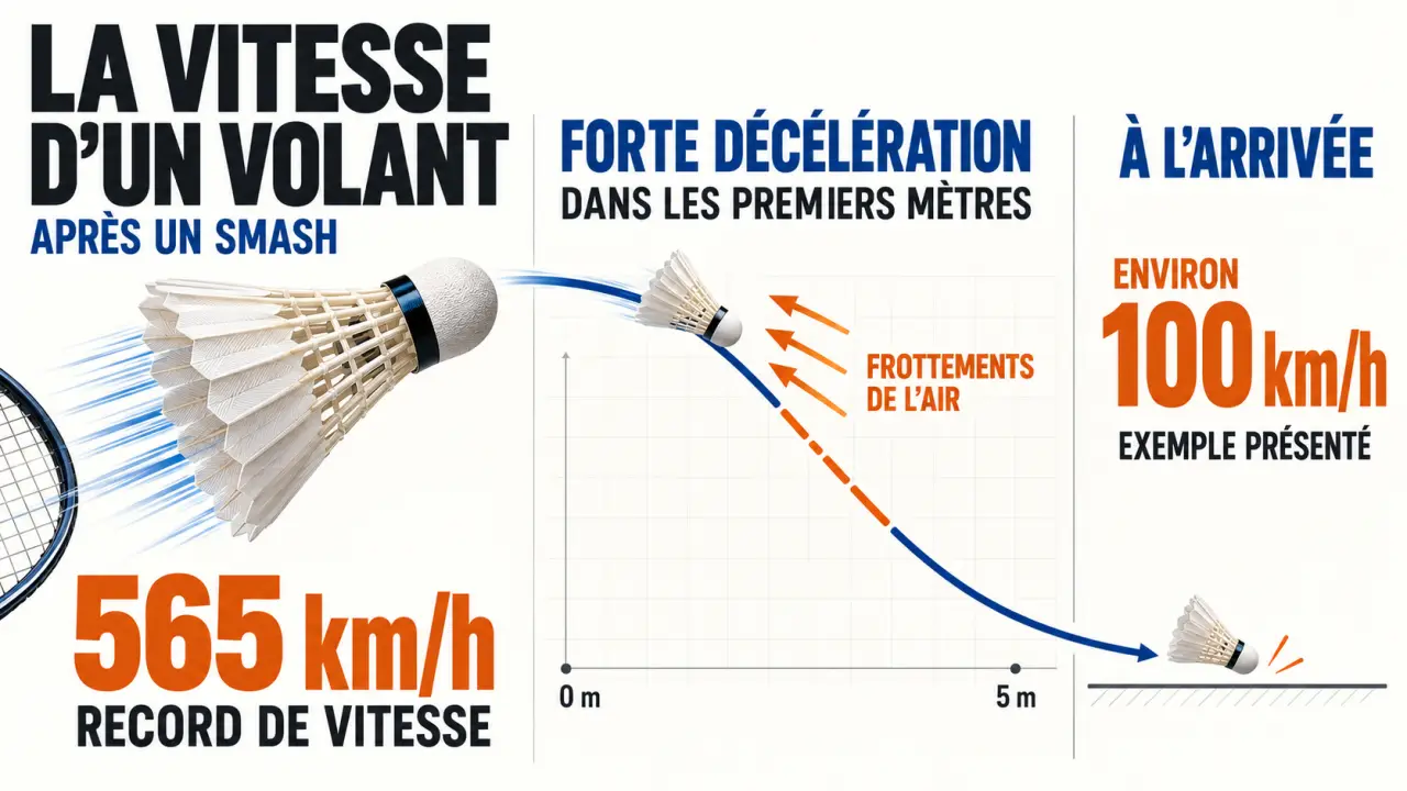 Infographie sur la badminton vitesse, le smash et la décélération du volant dans l’air