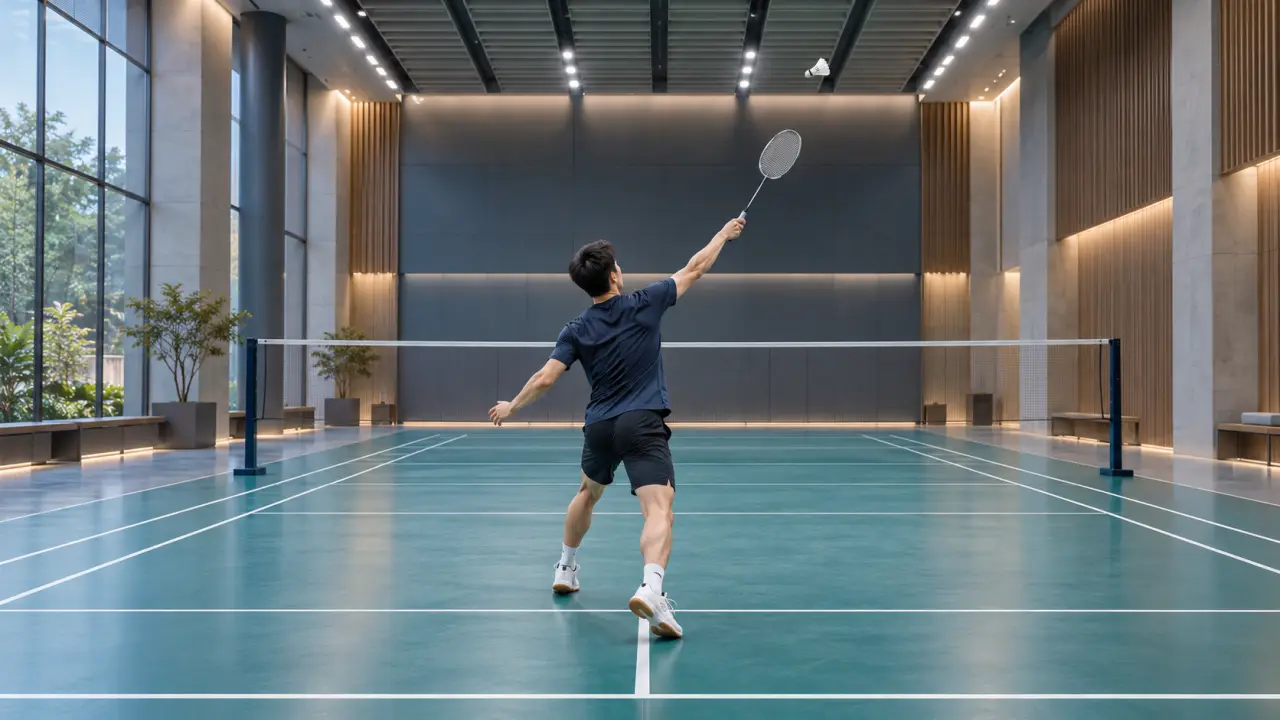Joueur de badminton réalisant un dégagement sur un court intérieur