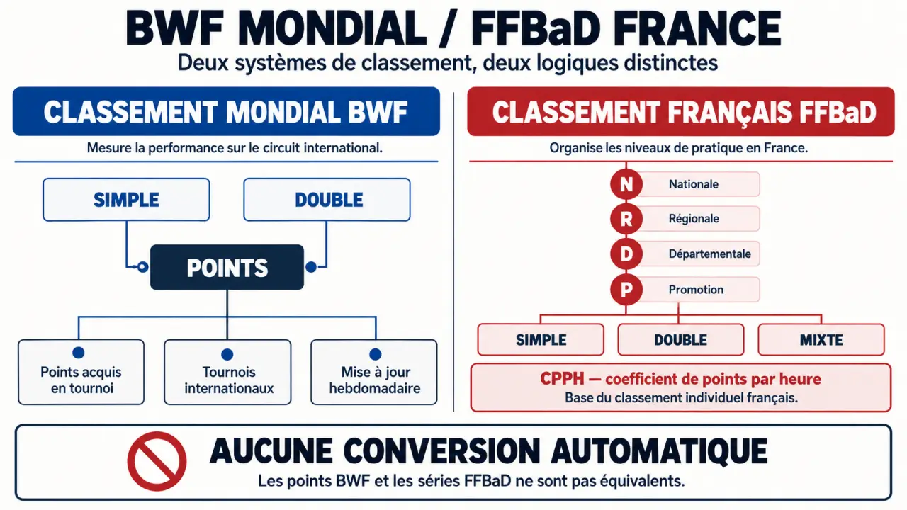 Classement joueur badminton : différences entre les classements BWF et FFBaD