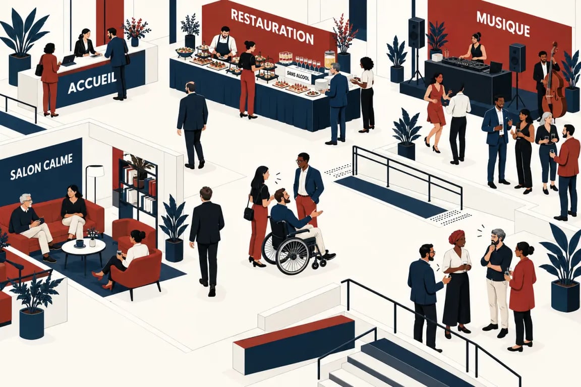 Aménagement inclusif d’une soirée d’entreprise avec espaces d’échange et de détente