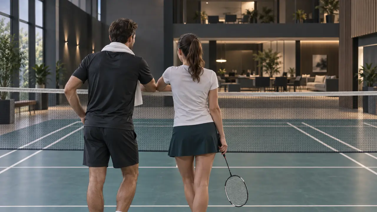 Équipe de collaborateurs jouant au badminton dans un complexe professionnel