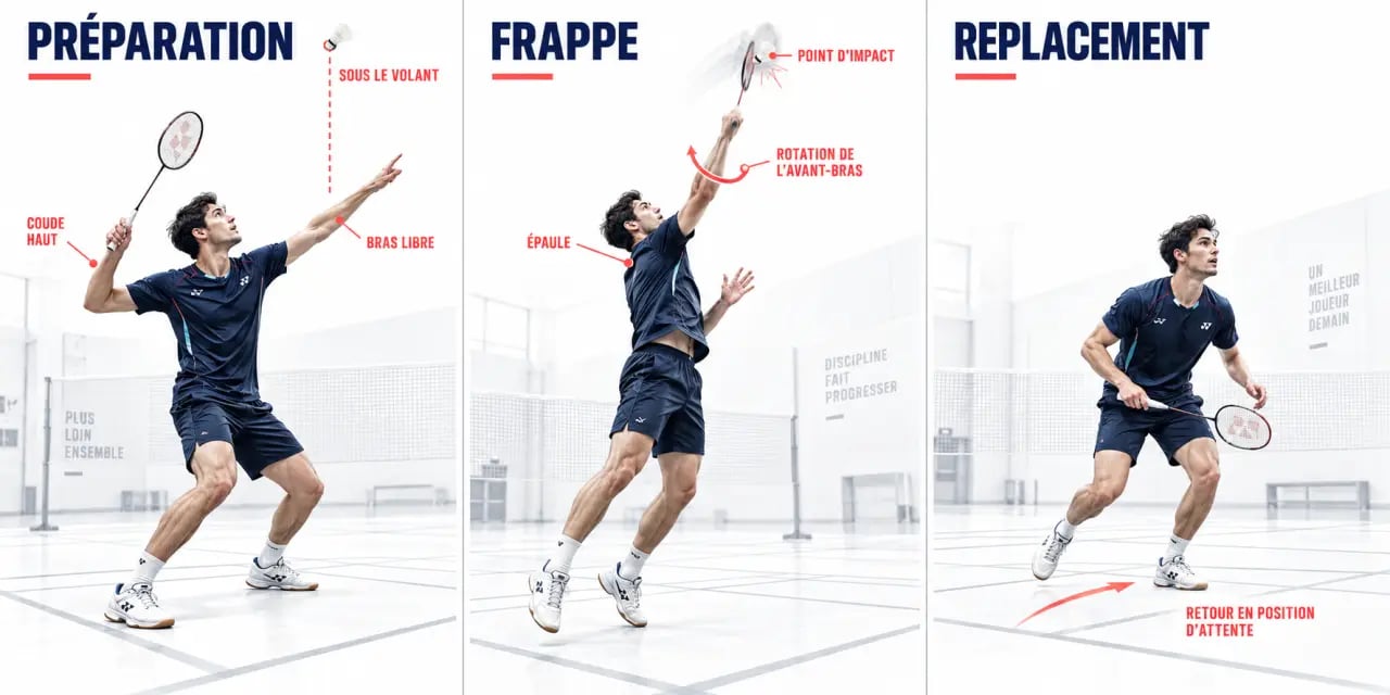 Illustration des trois phases d’un badminton smash : préparation, frappe haute et replacement