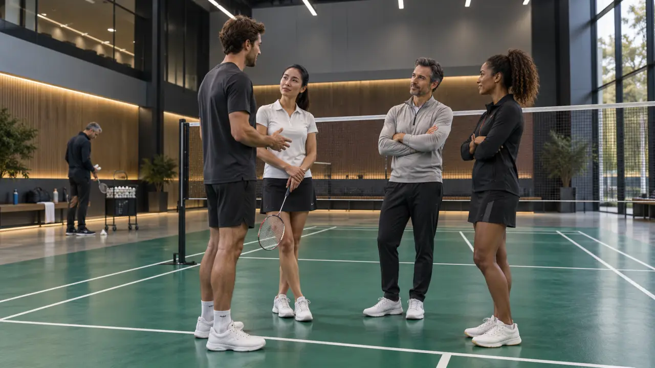 Séance de coaching corporate badminton dans un complexe sportif haut de gamme