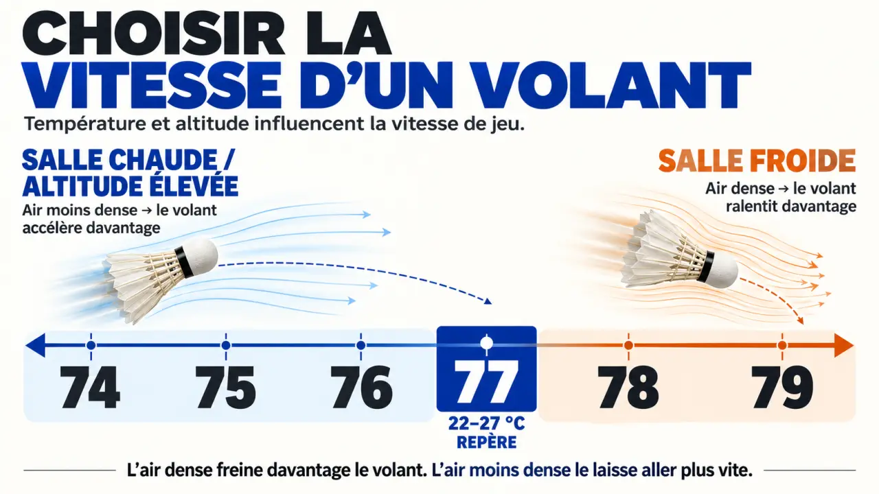 Infographie badminton vitesse 74 à 79 selon la température et l’altitude