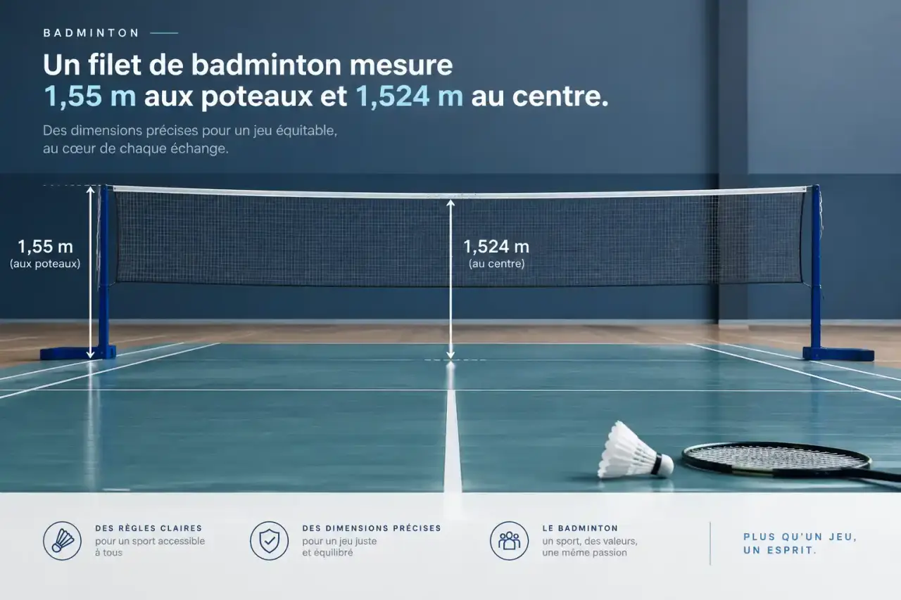 Un filet de badminton mesure 1,55 m aux poteaux et 1,524 m au centre