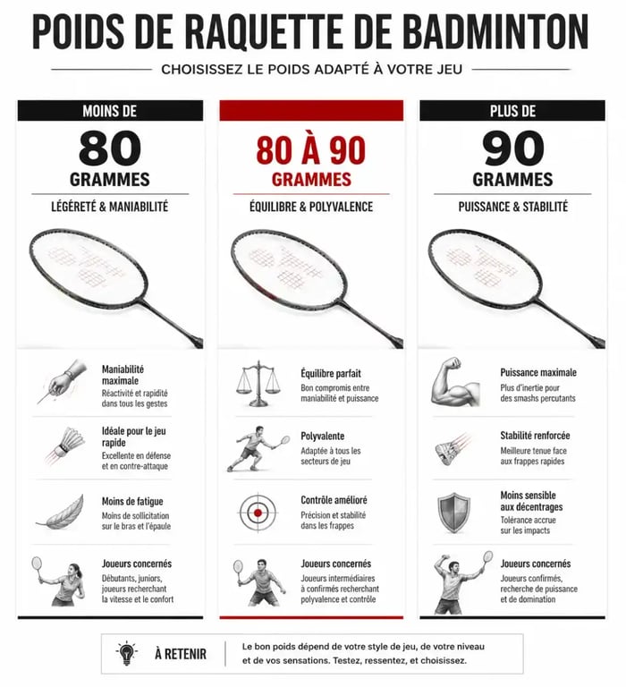 Comparatif des tranches de poids pour bien choisir sa raquette de badminton selon son niveau