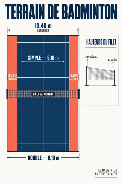 Infographie des dimensions du terrain de badminton en simple et en double