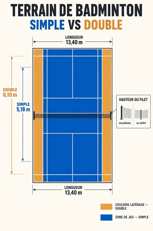 Infographie des dimensions du terrain de badminton en simple et en double