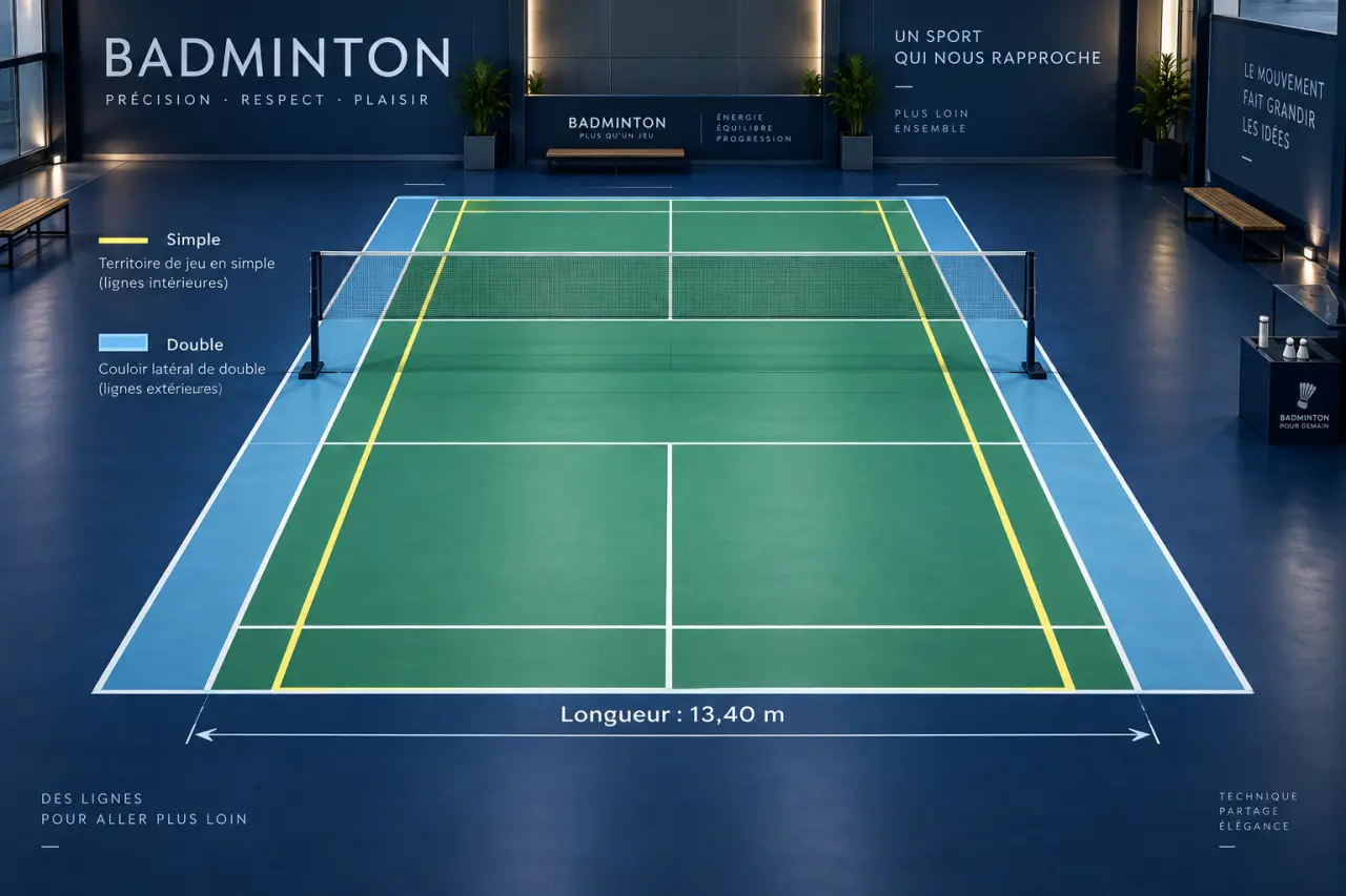 Un terrain de badminton mesure 13,40 m de long : les lignes diffèrent en simple et en double