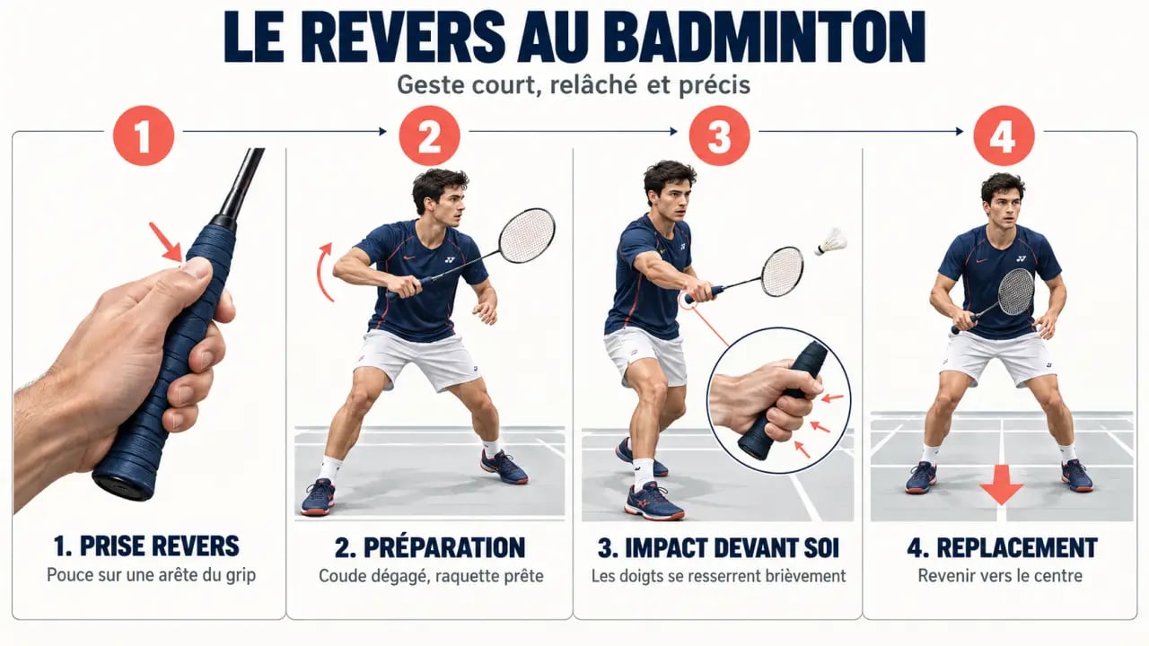 Étapes du revers au badminton montrant la prise, la préparation, l’impact et le replacement
