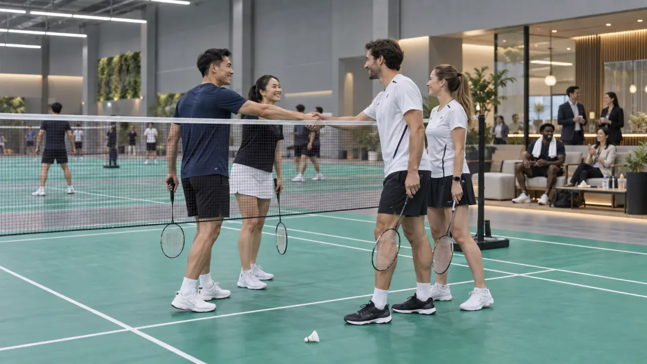 Tournoi de badminton inter-entreprises dans un complexe sportif professionnel