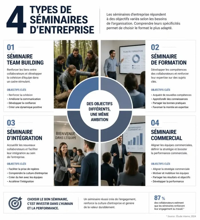 Typologie des séminaires d'entreprise : cohésion, formation, intégration et commercial