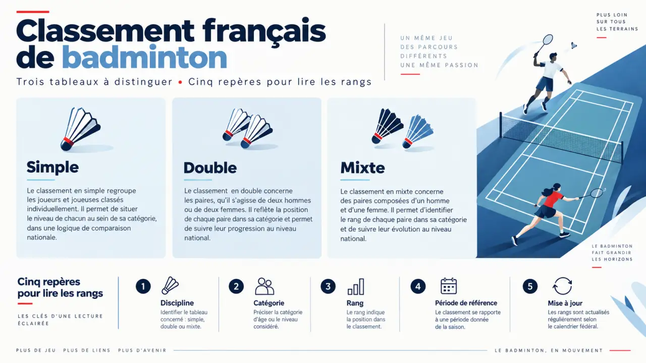 Classement français de badminton : trois tableaux à distinguer et cinq repères pour lire les rangs