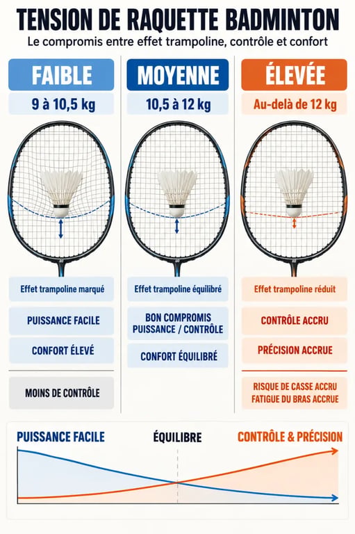Infographie sur la tension raquette badminton et les compromis entre puissance, confort et contrôle