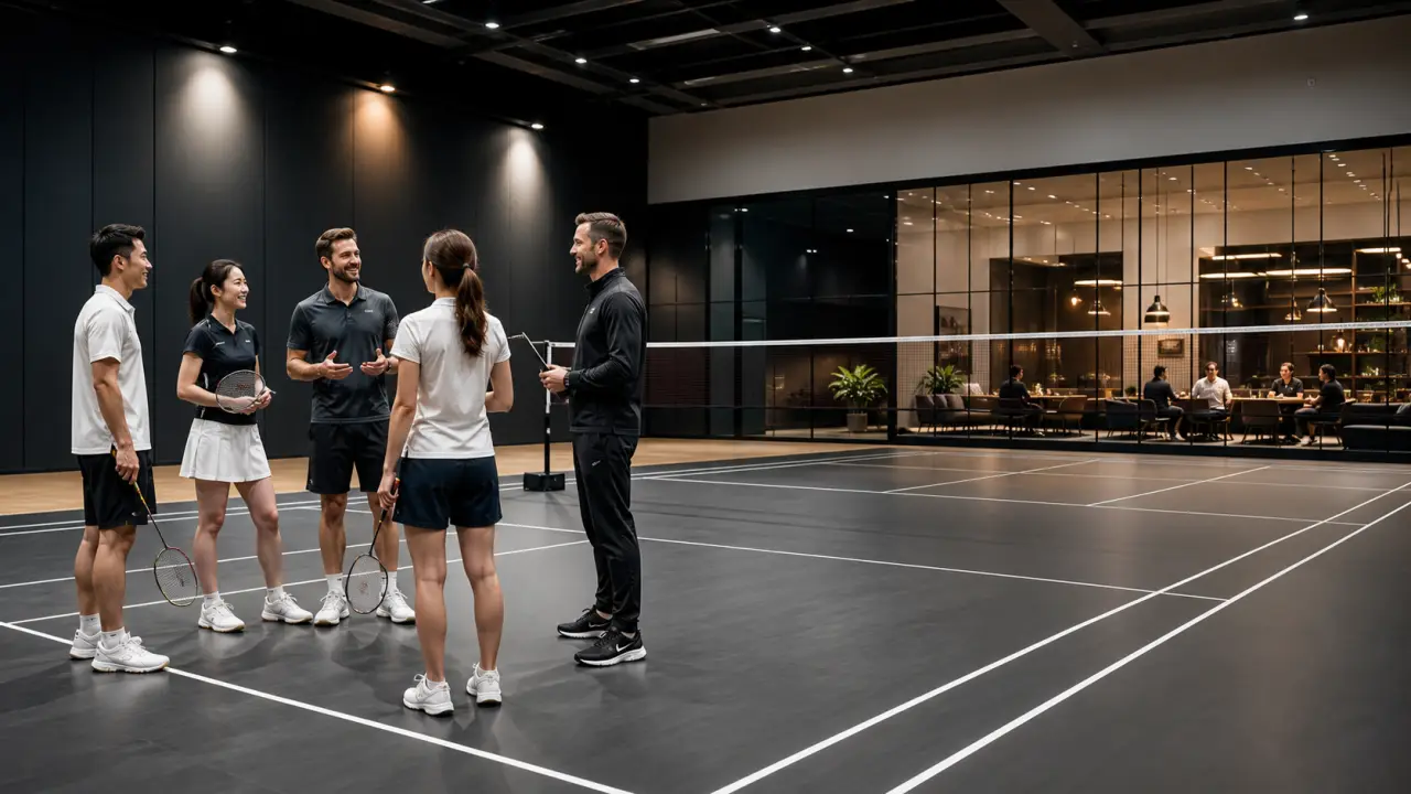 Composition corporate autour du badminton : volant en macro, court bleu nuit et équipes en tenue business