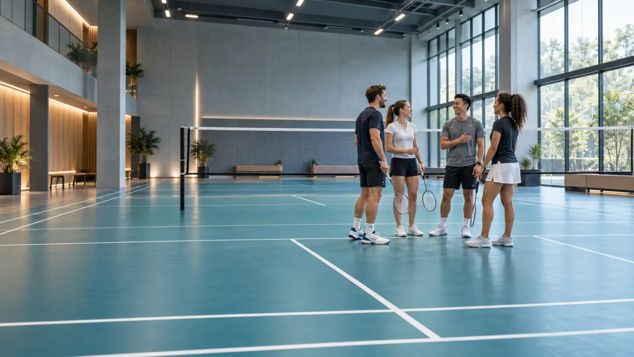 Équipe en séminaire sportif sur un court de badminton professionnel