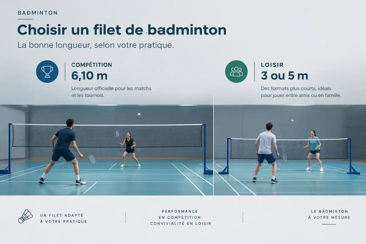 Choisir un filet de badminton : 6,10 m pour la compétition, 3 ou 5 m pour le loisir