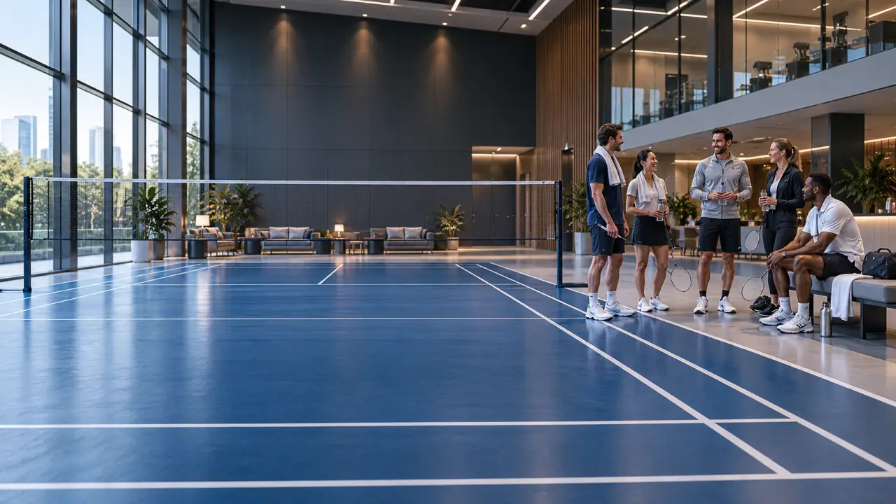 Équipe de collaborateurs jouant au badminton dans un complexe professionnel