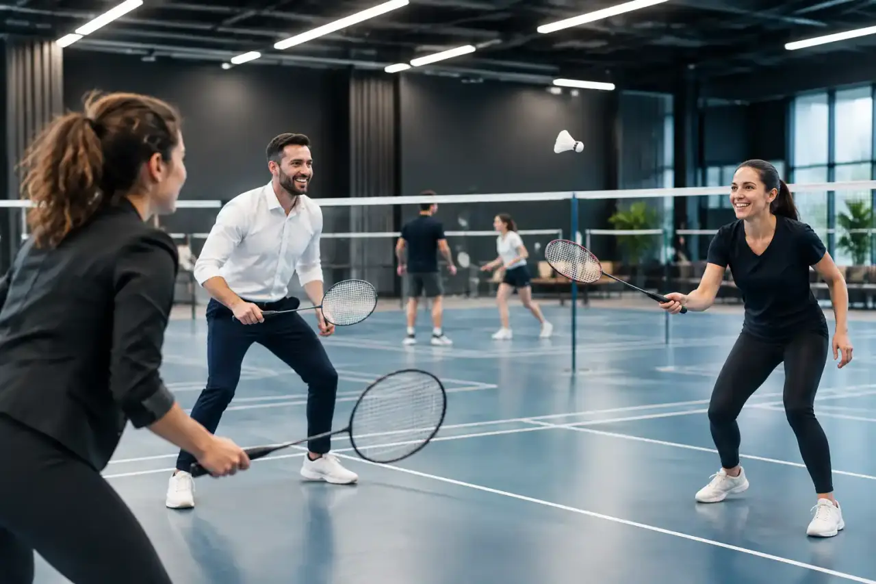 Équipe de collaborateurs débutant le badminton sur un terrain professionnel