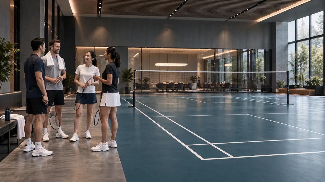 Équipe de collaborateurs réunie sur un court de badminton professionnel